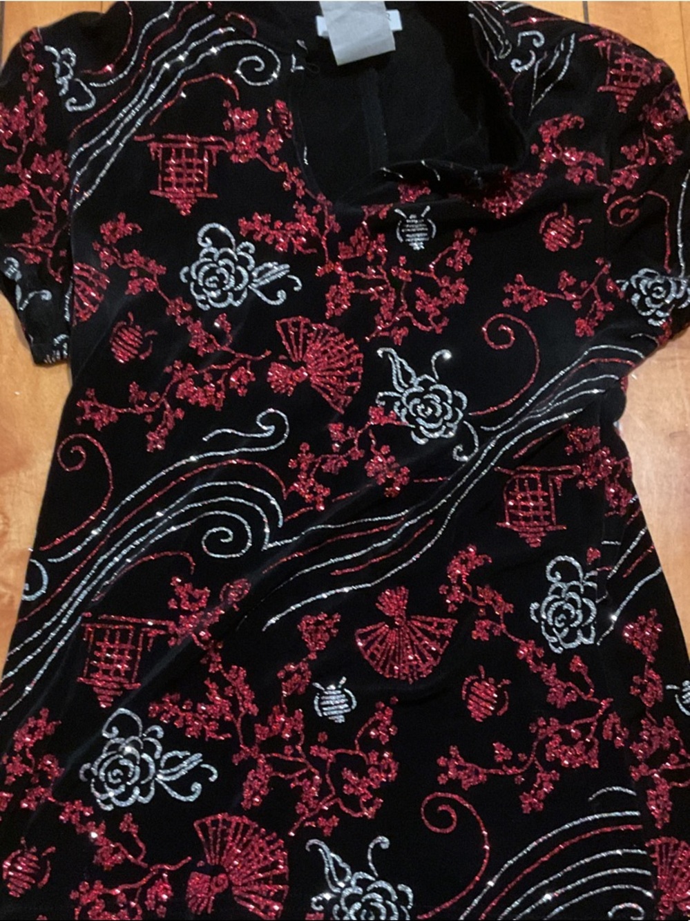 Metaphor Black Top with Red and Silver Embroidered Floral Motif